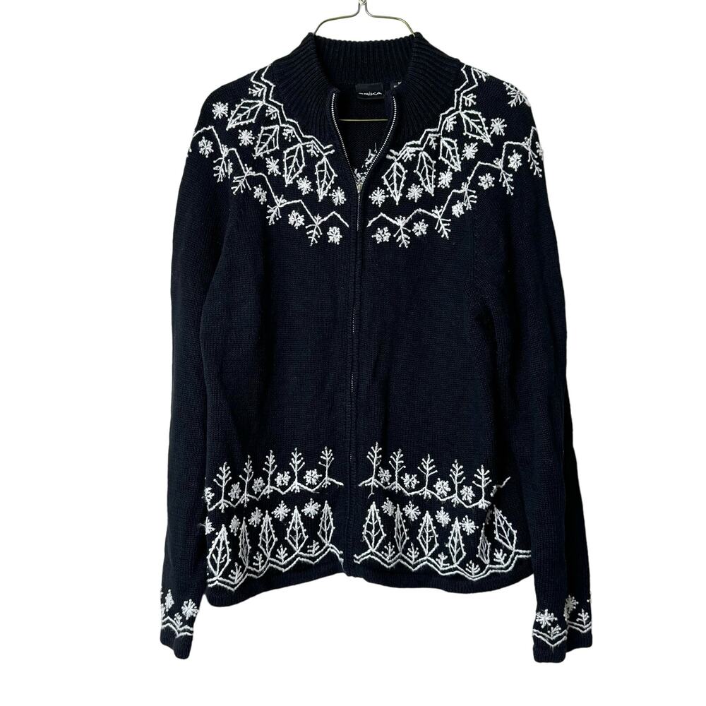 Erika VINTAGE black knit zip front cardigan‎ jacket faux pearl snowflakes MEDIUM